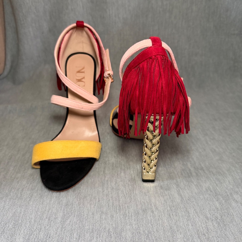 NUYG Fringe Chain Heels Sandals 10 Multicolor Suede Colorblock Statement y2k
